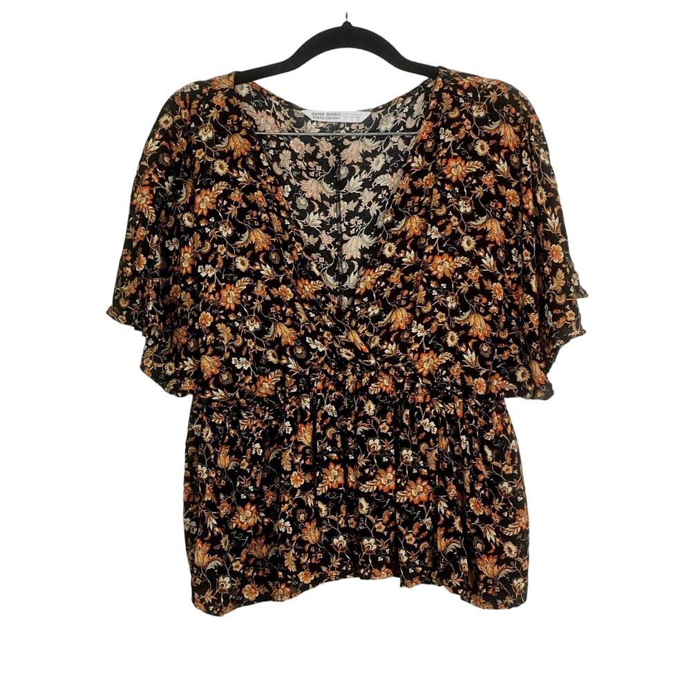 Zara Paisley Retro Style V Neck Peplum Blouse Crop Top Ruffle Small Black Red